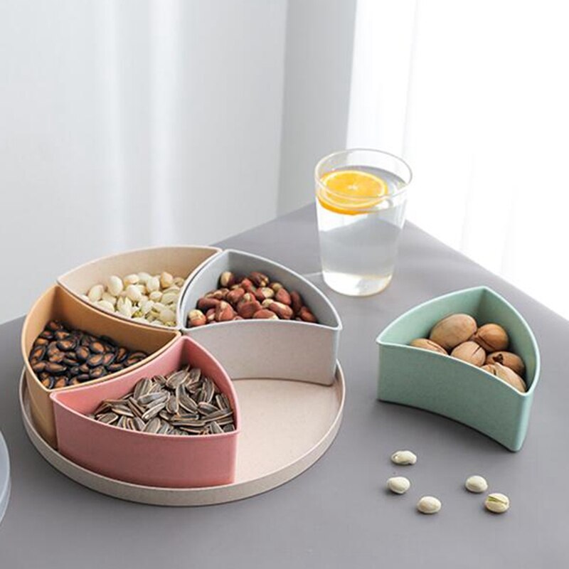 Hvedestrå rund delt 5 rum candy snack organisator opbevaring serveringsbeholder fad fad med låg