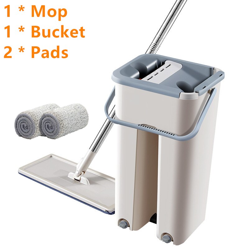 Serpillière et seau plats sans mains, magiques, panosse de nettoyage de sol, utilisation humide ou sèche, essorage automatique, chiffon paresseux: 1Mop 2pads set