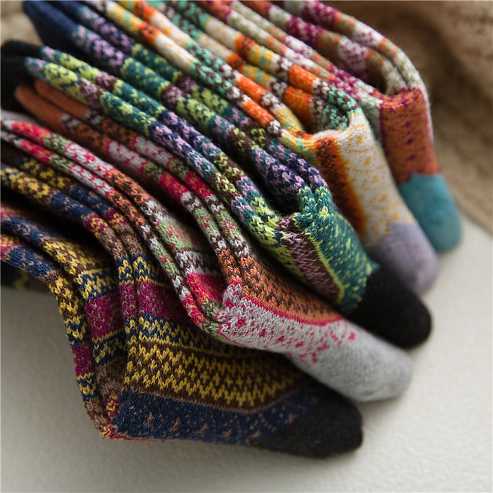 5 Paren/set Winter Dikker Wol Vrouwen Meisjes Sokken Etnische Multicolor Gestreepte Zachte Warme Casual Sport Sokken Kleding Leuke Sok