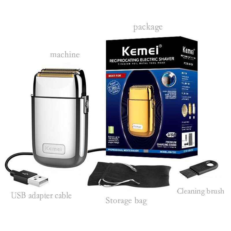 Kemei-Afeitadora eléctrica inalámbrica de doble hoja para hombre, afeitadora recargable por USB, resistente al agua, para barbero: silver With box