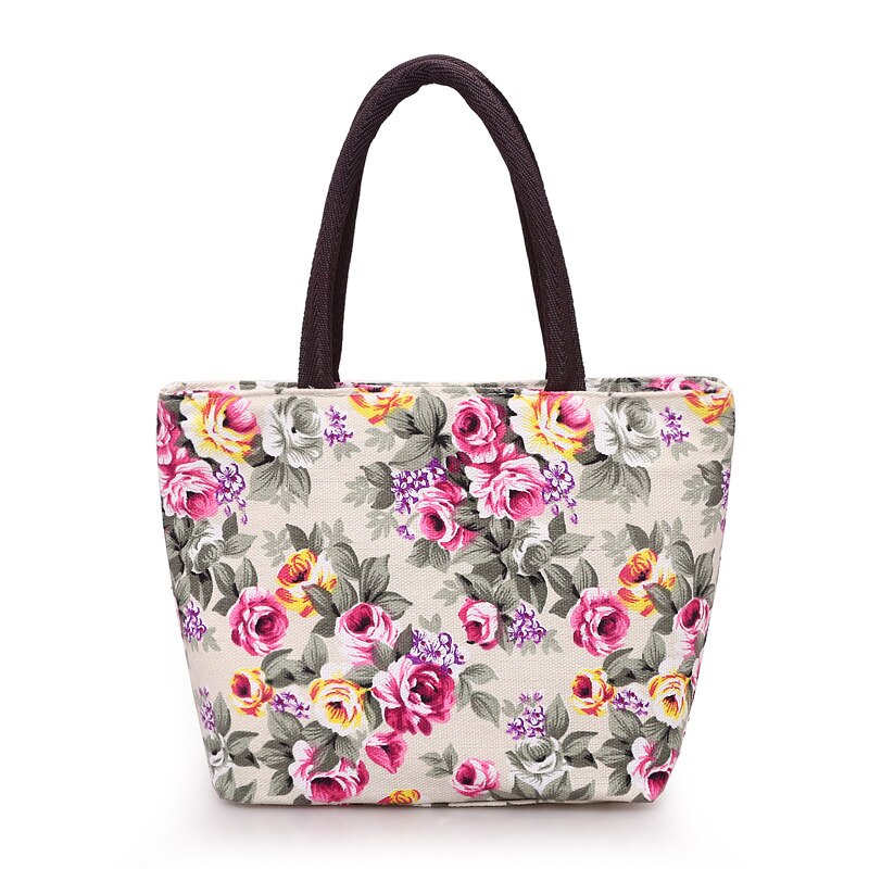 Mode Vrouwen Bloemenprint Tote Purse Grote Capaciteit Canvas Boodschappentas Met Rits Sluiting: E