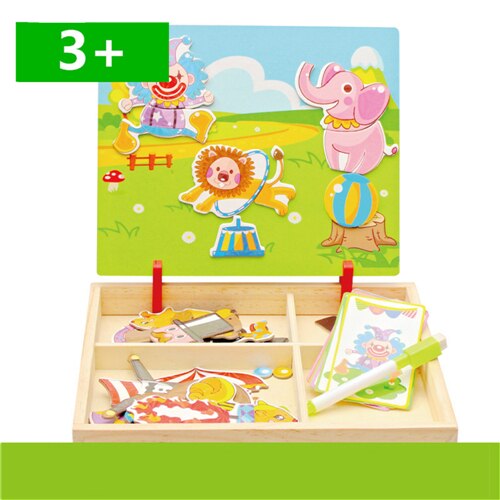 Kids Wooden Puzzles Educational Toys Animals/ Vehicle /Circus Drawing Board Magnetic Puzzle Wood Toy For Kids: m-t-120-J