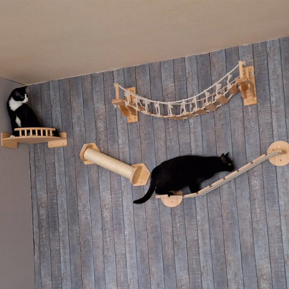Wall Mounted Cat Climbing Wood Shelves Furniture Cat Bridge and Cat Hammock or Platform with Pedals for Kitten Perch and Rest