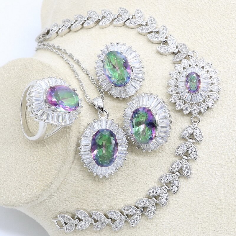 Bruids Sieraden Set Dames - Regenboog Zirconia Ketting, Oorbellen, Armband, Ring - Verloving Bruiloft: 4 stuks / 9