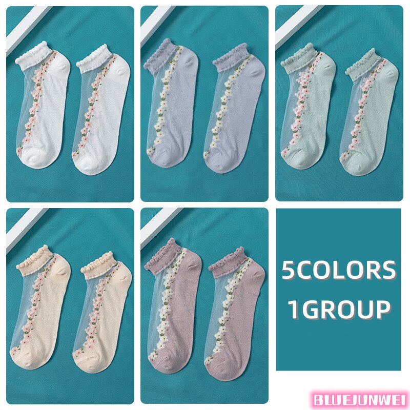 5 paires de chaussettes pour femmes, été, motif floral, chaussettes en soie, cristal, douces, en coton, respirantes, à la cheville: 13