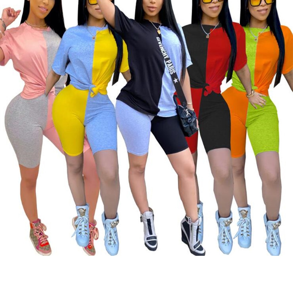 Frauen Sommer Pacthwork lässig Zwei-stück Sportbekleidung Weibliche Kurzarm + kurze Hose Hosen Trainingsanzüge Sport einstellen Outfits