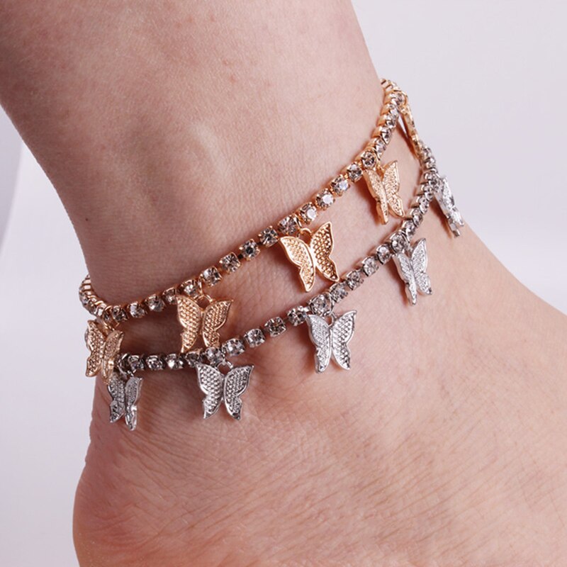 Tobillera de tenis con mariposa y cadena de oro, joyería con diamantes de imitación para mujer, colgante de mariposa y cristal, pulsera para el pie, joyería para mujer