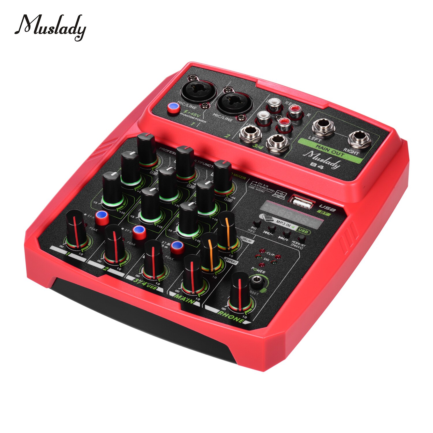 Muslady B4 Portable 4 Channels Audio Mixer USB Mixing Console Supports BT Connection with Sound Card Built-in 48V Phantom Power