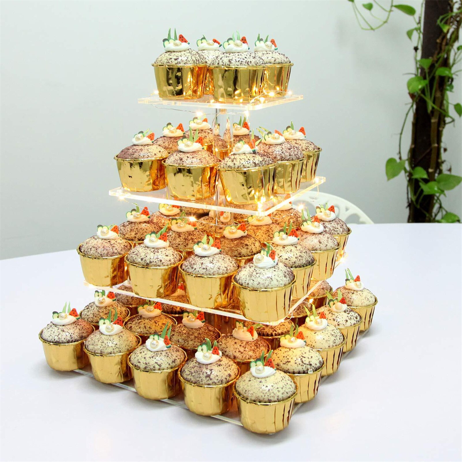 4-nivel de soporte de placa de la torta de luz LED de cadena de acrílico soporte de exhibición para magdalenas titular decoración para de boda pastel herramienta