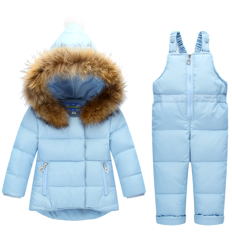 Baby Eendendons Sets Jumpsuit Sneeuw Jassen + Bib Pant 2 Stuks Set Winter Kinderen Jongen Meisjes Eendendons jassen Jas Met Bont Kap