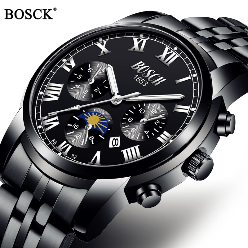 Bosck Luxe Mannen Horloges Sport Quartz Waterdichte Horloges Heren Roestvrij Stalen Band Auto Datum Horloges