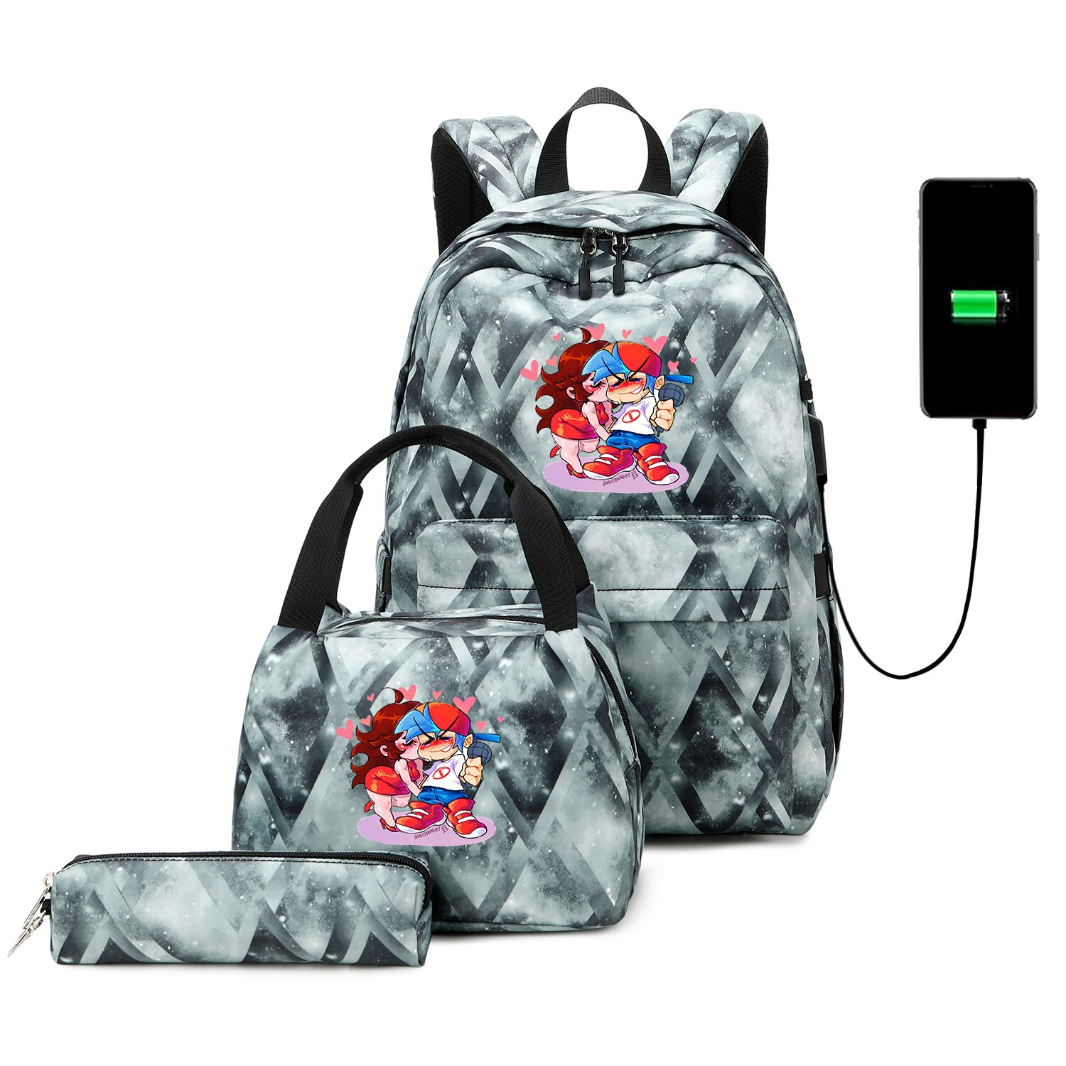Funkin-mochilas escolares para adolescentes, niños y niñas, juego de Mochila de viaje con carga USB, bolsa de libros para estudiantes, Juego de 3 unids/set: 016