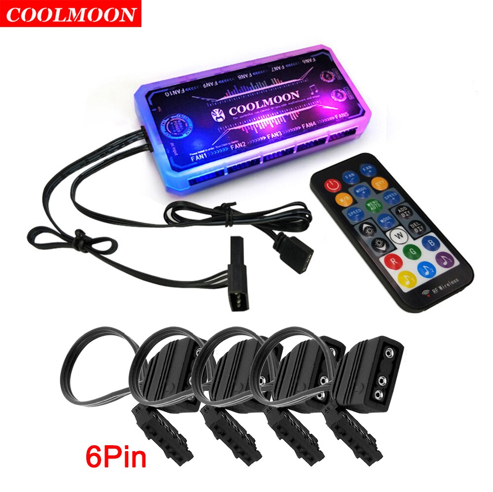 Coolmoon Smart Music 5V 3Pin ARGB Remote Controller HUB for Coolmoon 6Pin Chassis Cooling Fans 4Pin Light Strip Heat Dissipation: With 4pcs 6Pin Cable