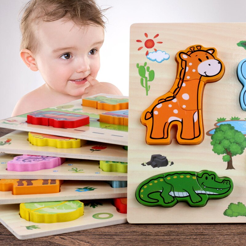Wooden Puzzles Hand Grab Boards Toys Montessori Tangram Jigsaw Baby Educational Toys Cartoon Vehicle Animals Fruits 3D Puzzles