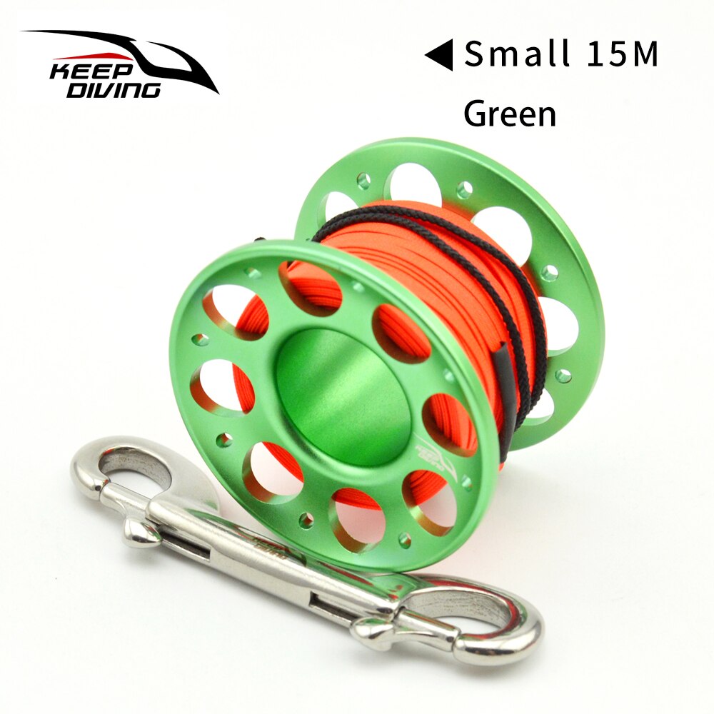 Carrete de dedo de aleación de aluminio para buceo, 15M/30M, de acero inoxidable con gancho de doble extremo, equipo SMB, accesorios para cuevas y buceo: Green 15M