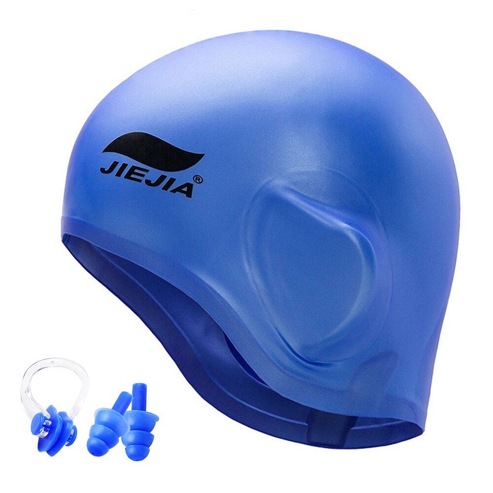 Svømmehætte silikone 3d ergonomisk ørebeskyttelse svømmehætte sport svømmehætte til mænd og kvinder voksne med næseklemme og ørepropper: Blå