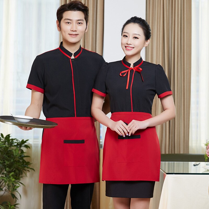 Hotel Kellner Arbeitskleidung Sommer Kurzarm Krawatte Hemd + Schürze Günstige Internet Bar BBQ Restaurant Mitarbeiter Uniform