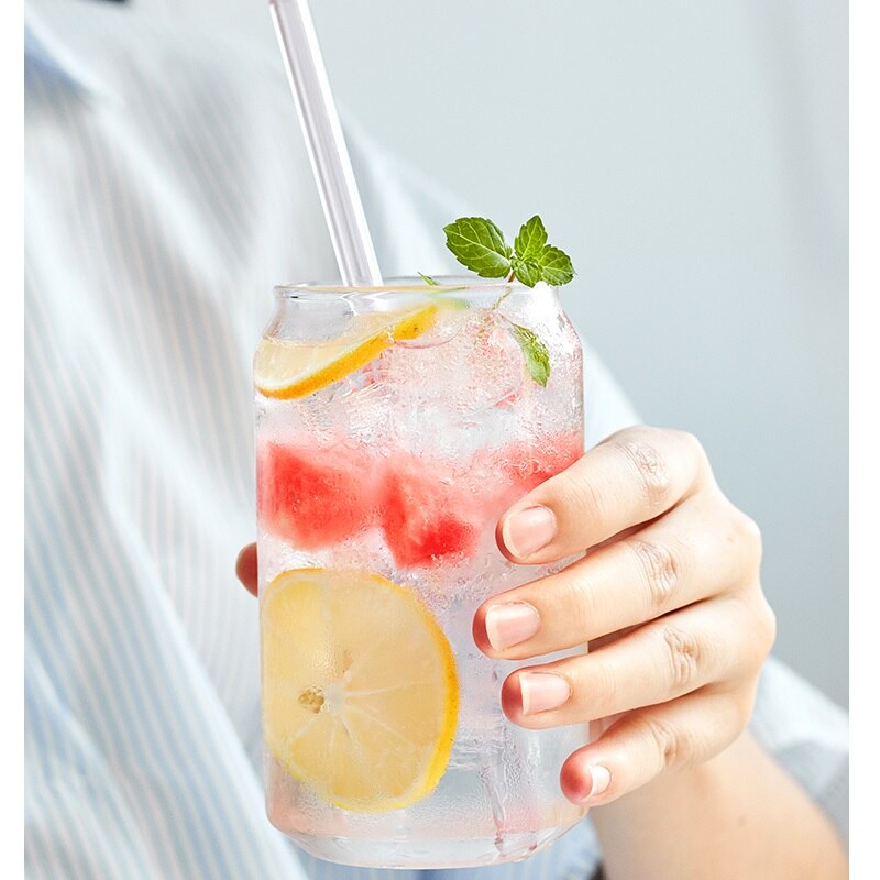 Vaso de cristal con forma de lata , vaso para agua leche zumo, cerveza, 400ml, 550ml y vaso de paja para postre