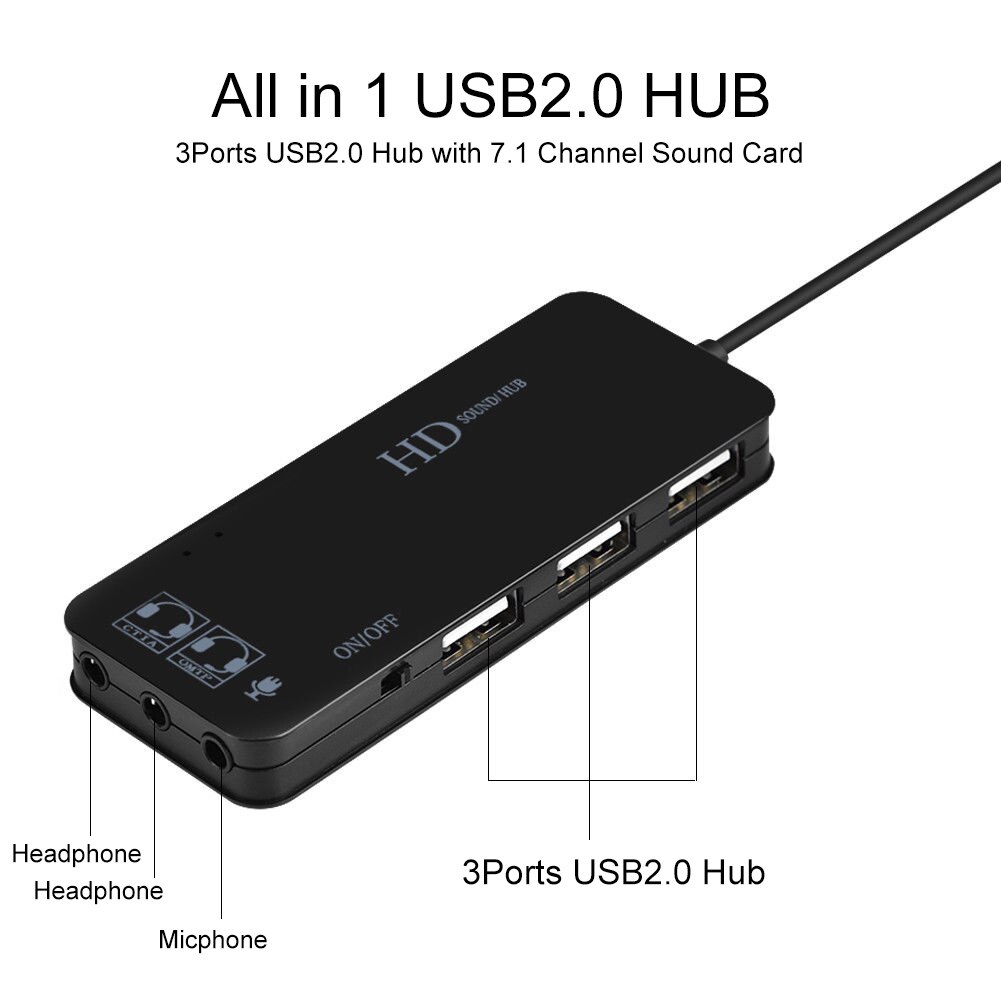 7.1 Channel USB2.0 Hub External Sound Card Stereo Audio Adapter Computer Audio 1 Into 2 Converter Multi-Jack Meet The Demand