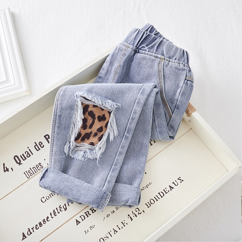 Moderigtigt leopard patchwork piger jeans forår efterår elastisk talje 2-6 år børn pige denim bukser