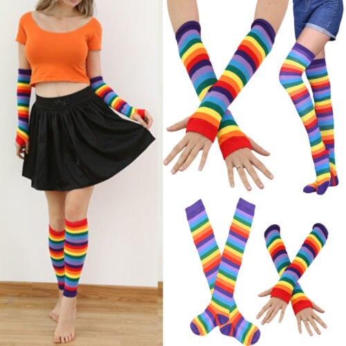 Women Ladies Rainbow Thigh High Socks Girl Arm Warmer Mitten Stretchy Gloves