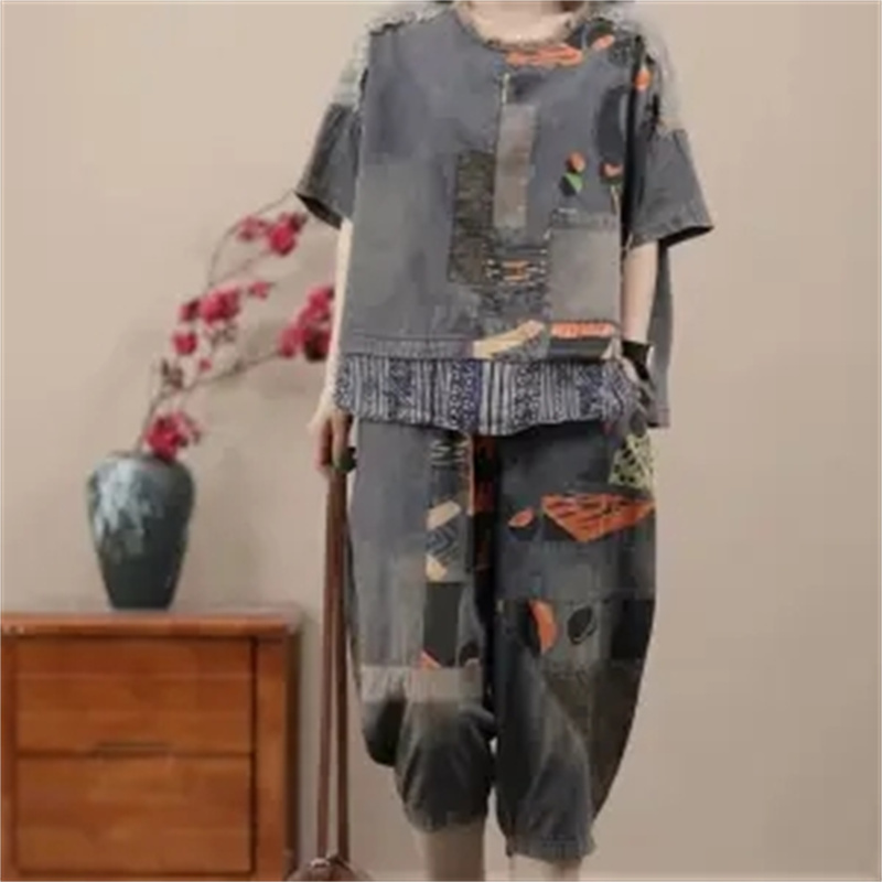 Conjunto de calças jeans Harlan de mulher, coreano, estilo étnico, pequeno, casual, roupa de alta qualidade, estampada, feminina, verão, novo, 2024: XL / Bege