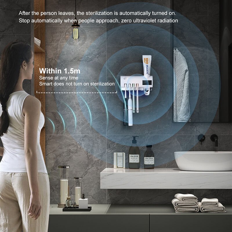Tandenborstelhouder Aan De Muur Gemonteerde Zonne-Uv Licht Ultraviolet Tandenborstel Sterilisator Automatische Tandpasta Houders Badkamer Accessoire