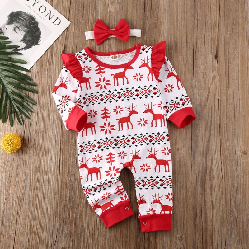 Herfst herfst kerst babymeisje geruite hertenprint romper jumpsuit kerst geruite destival kledingset