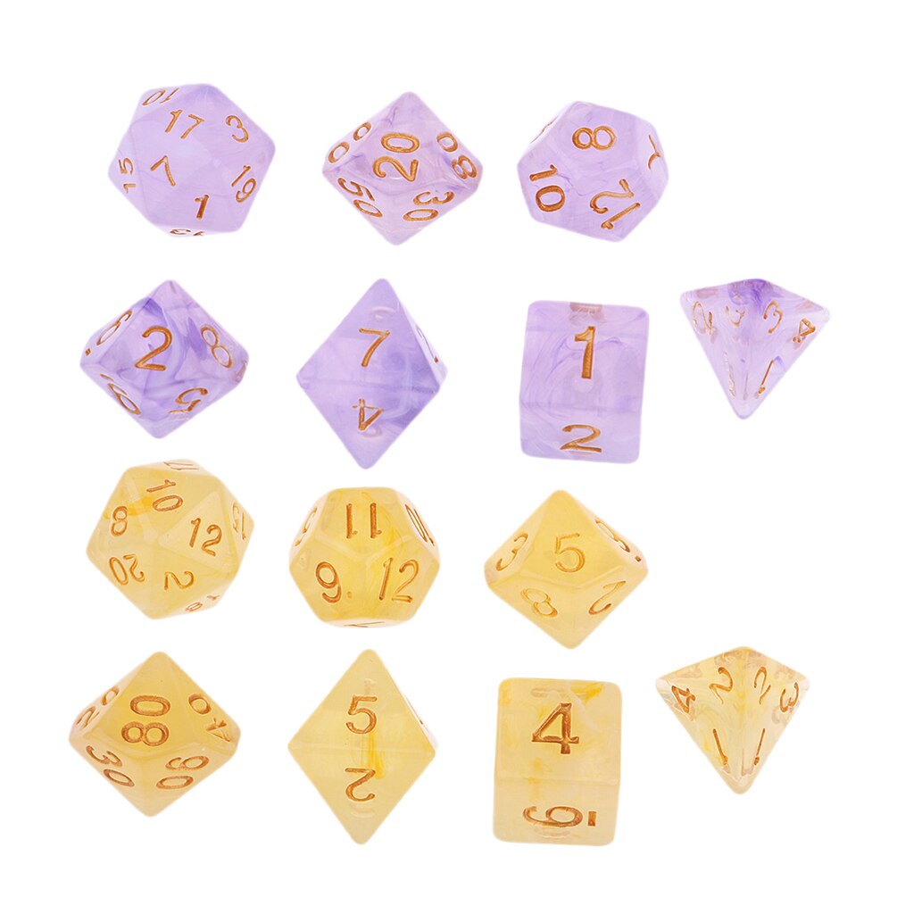 14 pces d4 d6 d8 família de dados poliédricos para d &amp; d trpg cup jogo roxo &amp; amarelo