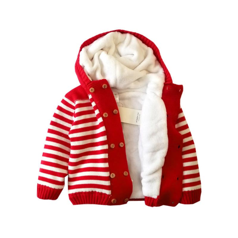 2022 Winter Dikke Katoenen Gebreide Hooded Gestreepte Baby Boy Truien Lange Mouw Peuter Meisje Jas Double Breasted Baby Kleding: Rood / 3-4Y