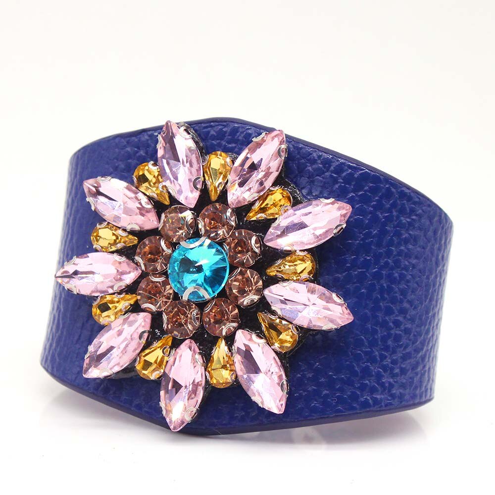 D&amp;D European Punk Wide Crystal flowers Leather Bracelets &amp; Bangles for Women Cuff Bracelet Statement Jewelry