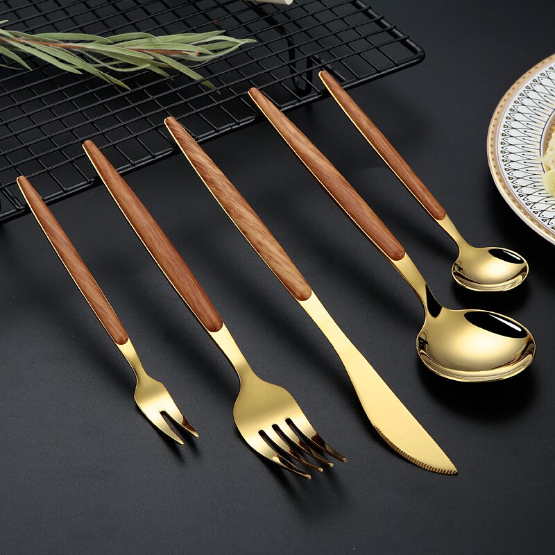 Roestvrij Staal Bestek Houten Handvat Servies Bestek Set Vork Mes Lepel Thee Lepel