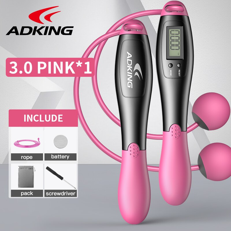 ADKING digital smart jump rope with accurate counter timer skipping rope for speed training body building non-slip wight loss: 3.0 ball pink 200g