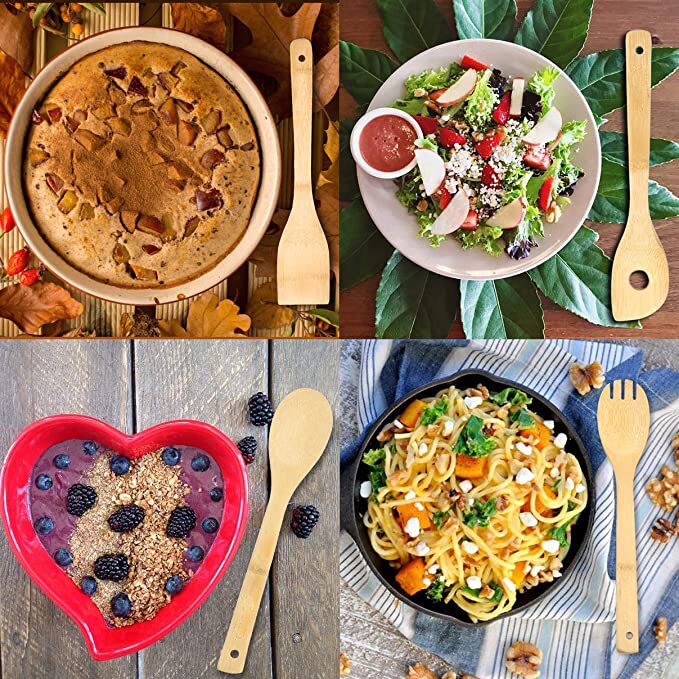 8 stk organiske bambus køkkenredskaber sæt træskeer og spatel til madlavning nonstick køkkenredskaber sæt køkken tilbehør