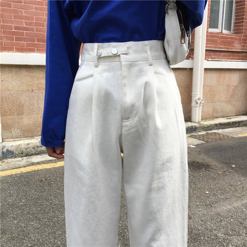 Kvinder harem jeans bukser høj talje løse hvide denim mom jeans kvindelige sorte knapper bukser forår streetwear