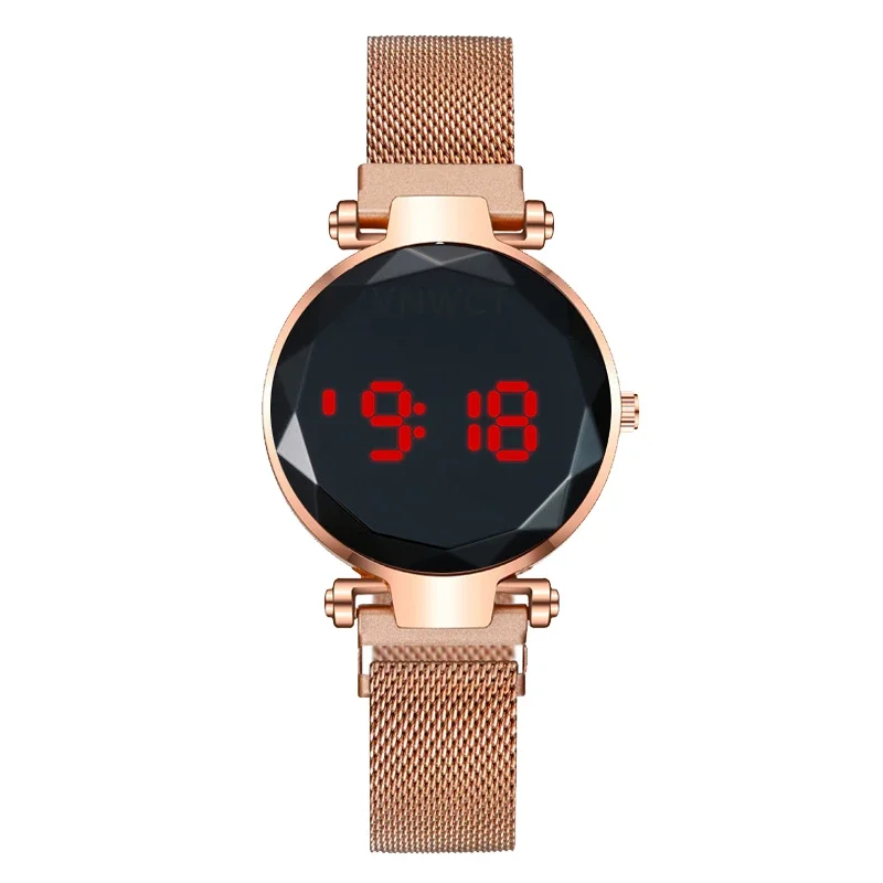 Reloj LED de lujo para mujer, pulsera magnética, collar, pendientes, anillo, reloj de vestir Digital de oro rosa, reloj de pulsera de cuarzo para mujer: Rosa