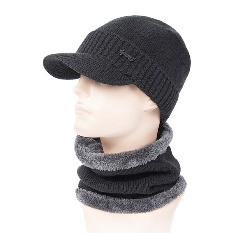 Vinter hatte beanies til mænd varm mand plus fløjl strikkede hatte tørklæder cap krave sæt balaclava maske motorhjelm gorras: Sort