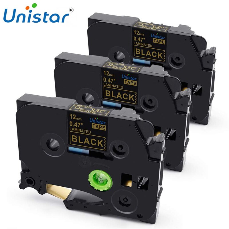 Unistar 3pcs TZe-334 Compatible for Brother Tape 12mm Gold on Black Laminated for P-Touch Label Maker PTH110 PTD210 PT1890C