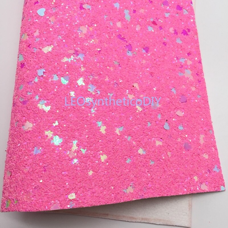 1PC 21X29CM Glitter Fabric, Pink Chunky Glitter with Pastel Hearts For Making Bows LEOsyntheticoDIY T287C