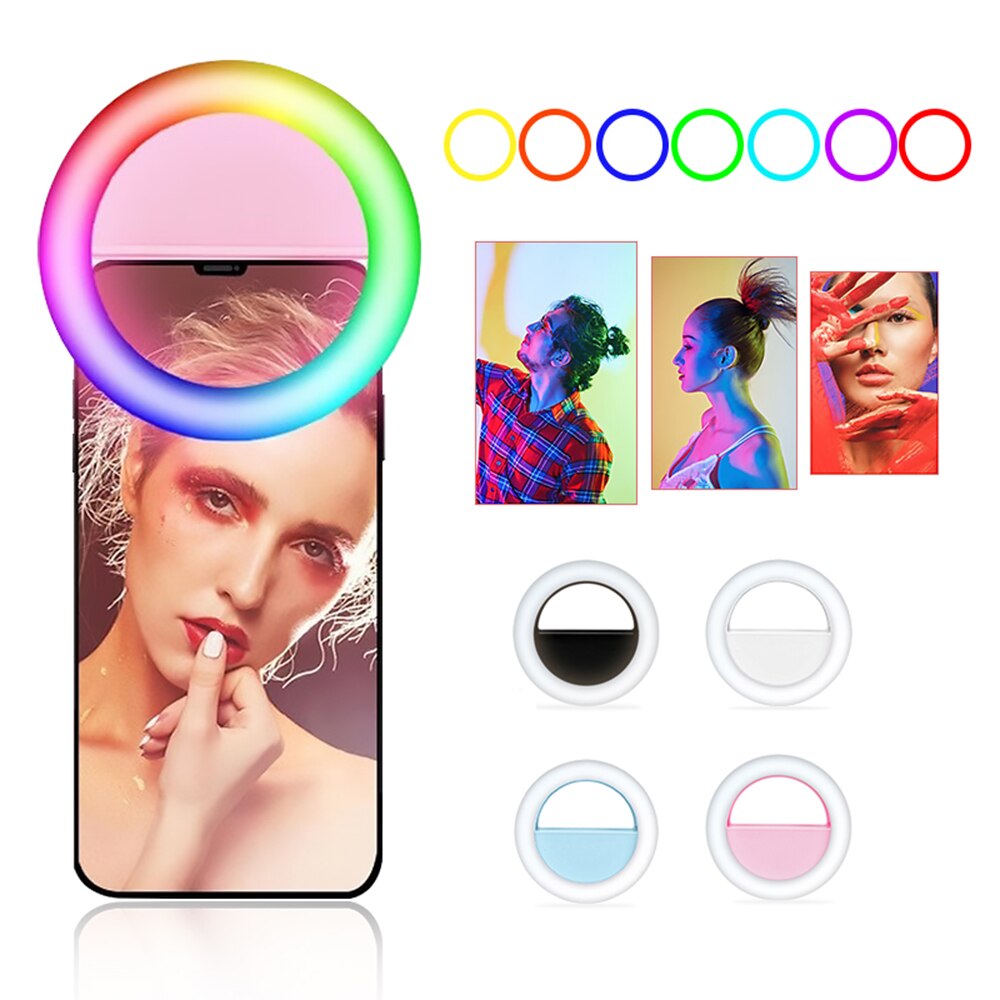 Rechargable RGB LED Ring Mobile Phone Selfie Ring Light Clip-on LED Multi-color Photography Ring Lamp Ringlight for Phone Tablet