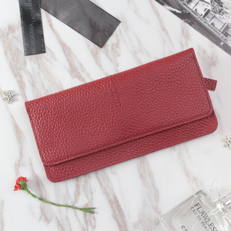 Ladies simple flat card holder wallet Genuine Cow Leather long wallet for women Simple classic couple Leather Wallet: Red Long