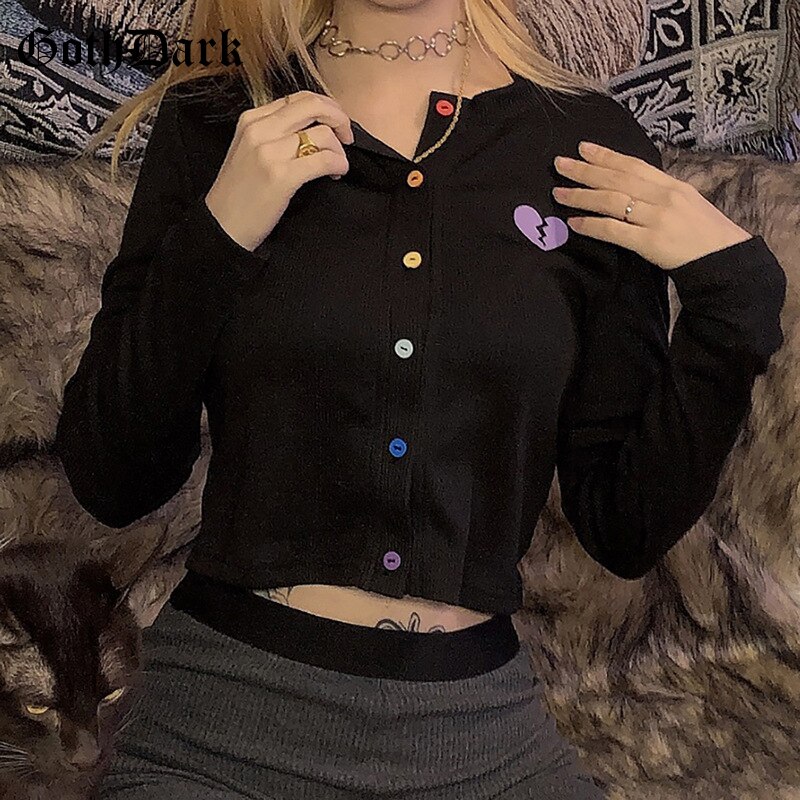 Goth Dark Long Sleeve Gothic T-shirts Women Harajuku Punk Grunge Autumn Winter Cropped Female T-shirt Button
