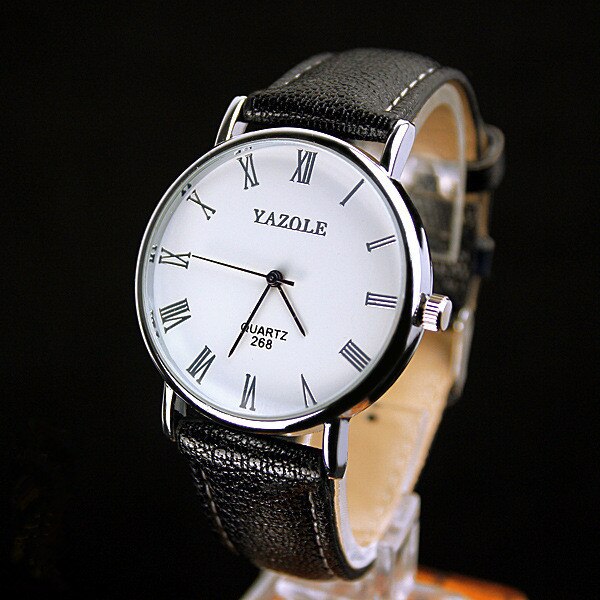 Yazole Quartz Watch Men Casual Business Leather Strap Classic Blue Glass Mens Watches Relogio Masculino: black white