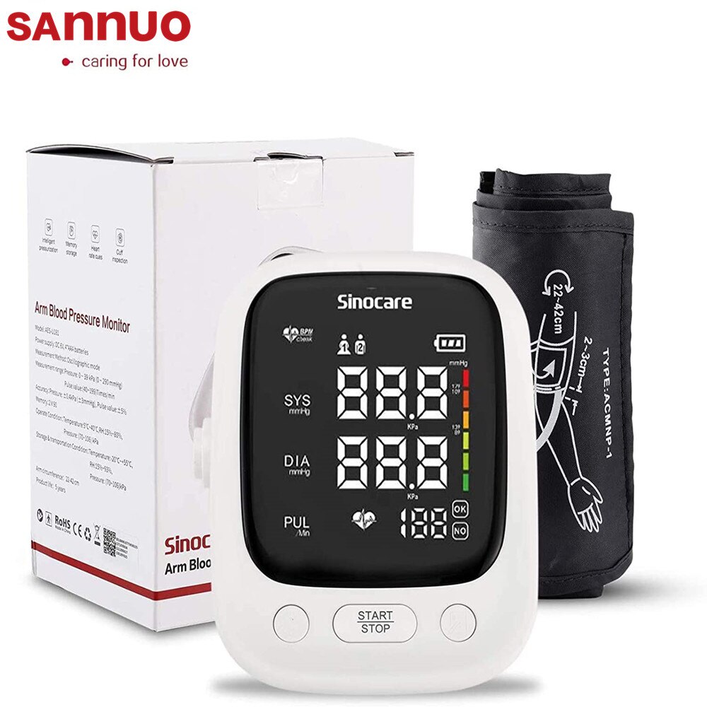 Sinocare blodtryksmåler tensiometer overarm automatisk digital bp maskine puls pulsmåler lcd display: Hvid