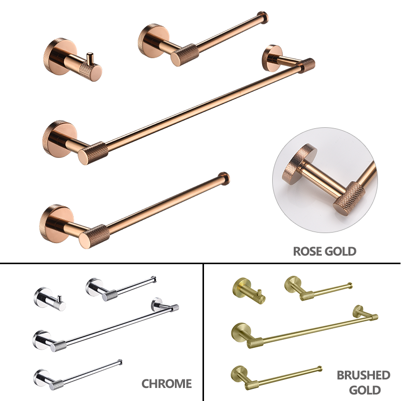 Badezimmer-Accessoires-einstellen aus glänzendem RoséGold und Chrom zur Wandmontage, Handtuchhalter, Toilettenpapierhalter, Bademantel-Haken-Aufhänger