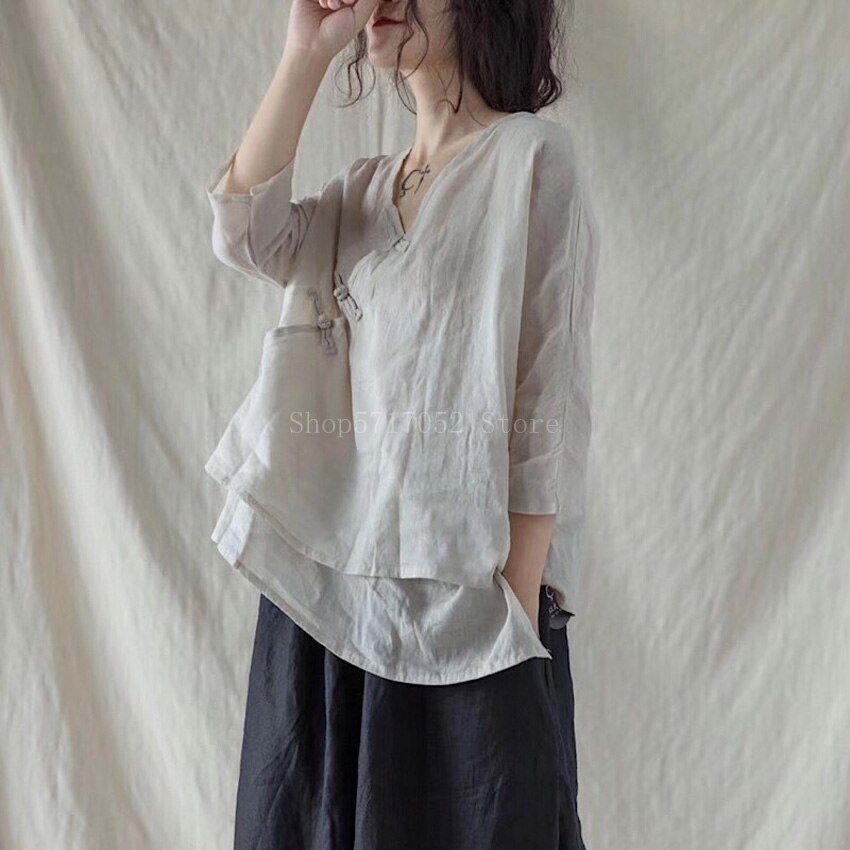 Ropa china tradicional Retro para mujer, camisas de lino con cuello en V, Tops holgados Vintage de doble capa, Tops elegantes de estilo chino Hanfu