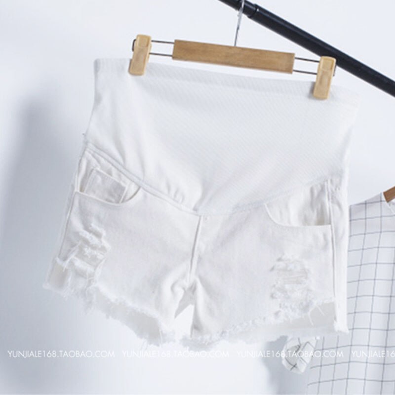 Hvid revet ensfarvet moderskabstøj kort abdominal elastisk talje gravide bukser: Xxl