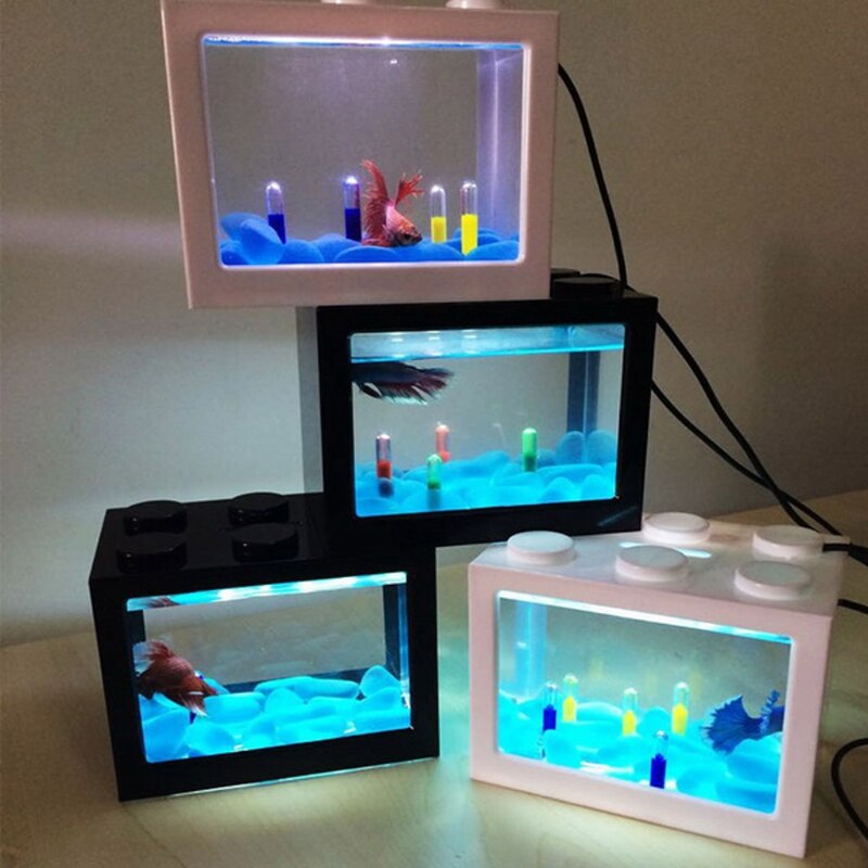 Usb mini akvarium fisketank med ledet lampe lys betta fisk slåss sylinder