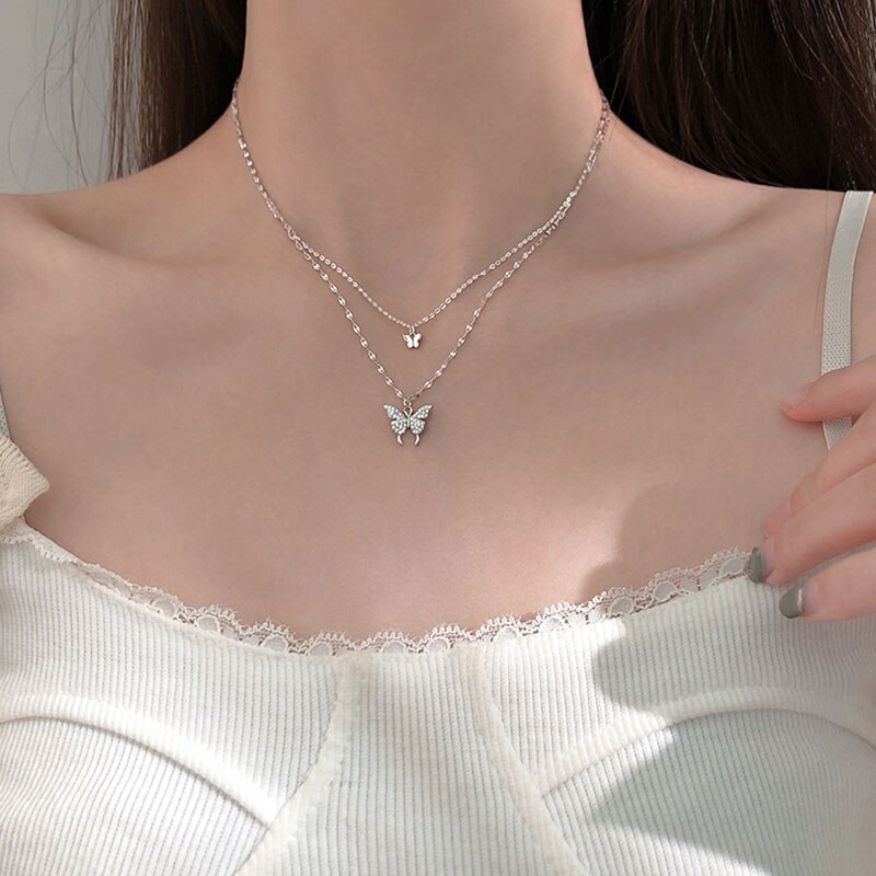925 skinnende sommerfuglhalskæder i sterlingsølv til kvinder dobbeltlags kraveben skinnende halskæde smykker s -n173