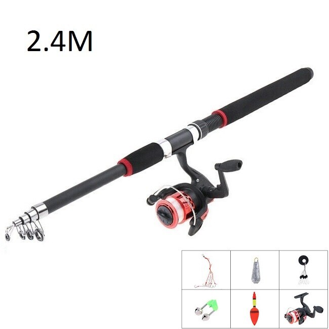 2.1-3m glass fiber Telescopic Spinning Fishing Rod and Reel set Combos Full Kit Fishing Gear Fishing accessories Fish hook: 2.4M